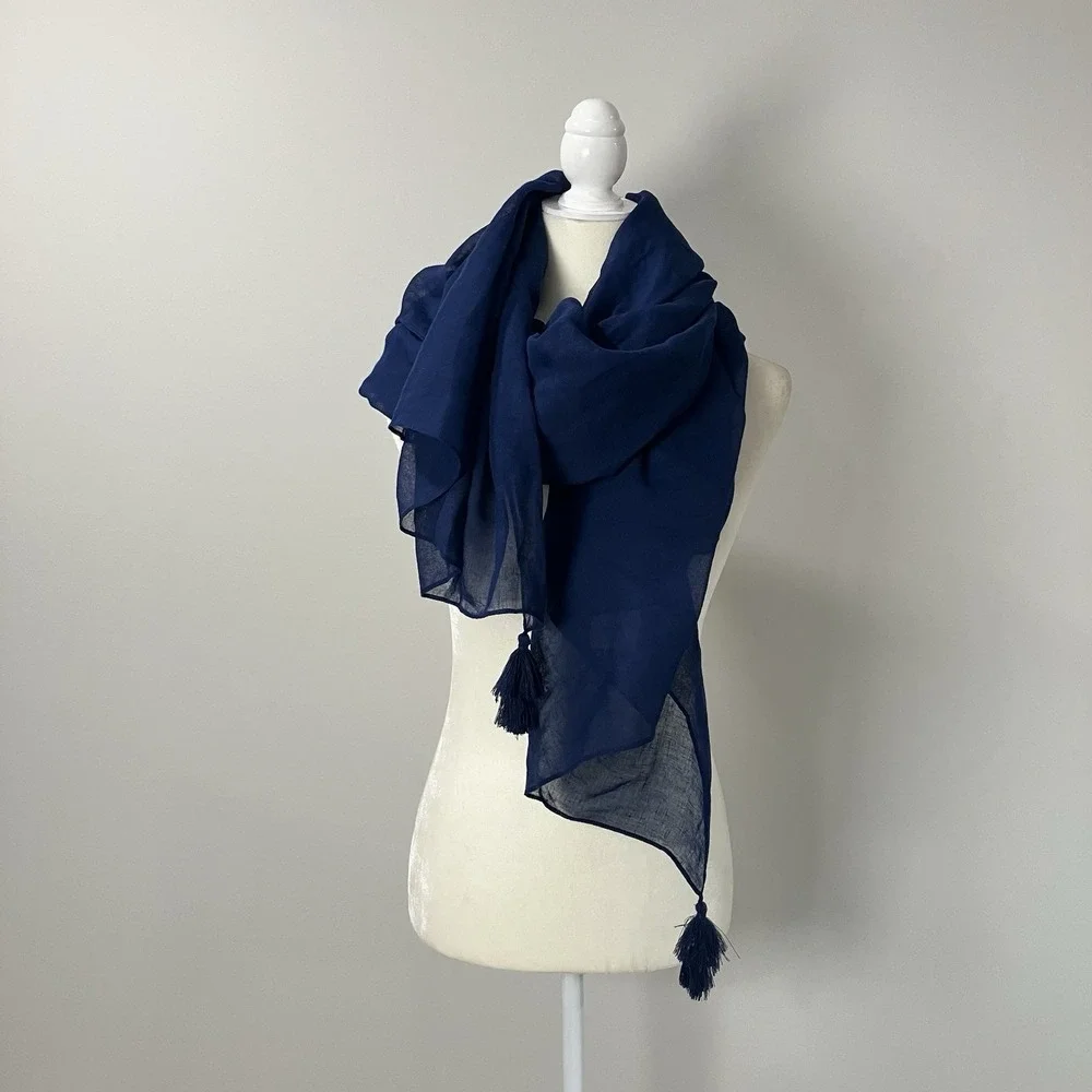 NWT Vineyard Vines Martha's Vineyard Navy Cotton Linen Tassel Scarf Wrap Shawl
